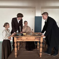 Faculty scene just before the outbreak of the war: the Grębeckis (Pola Buczyńska, Mateusz Majka), Ms Neufeld-Nowica (Oliwia Włodarczyk), Principle Pawłowski (Jakub Grzyb)
